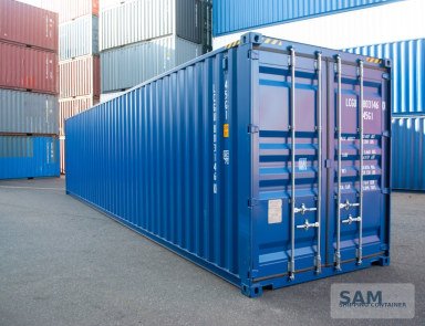 Blue 40ft high cube shipping container, rear three-quarter view with closed doors in a container yard