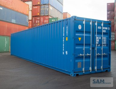 Blue 40ft shipping container, rear three-quarter view with closed doors and locking bars in a container yard